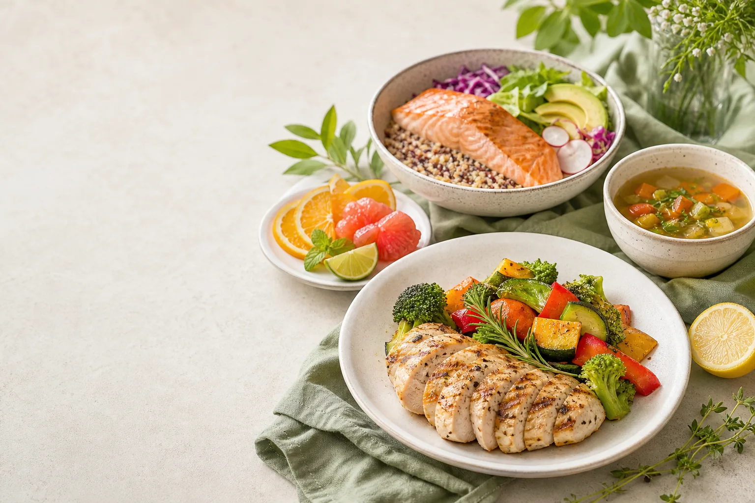 彩り豊かな野菜と魚、鶏肉を使ったバランスのよい食事